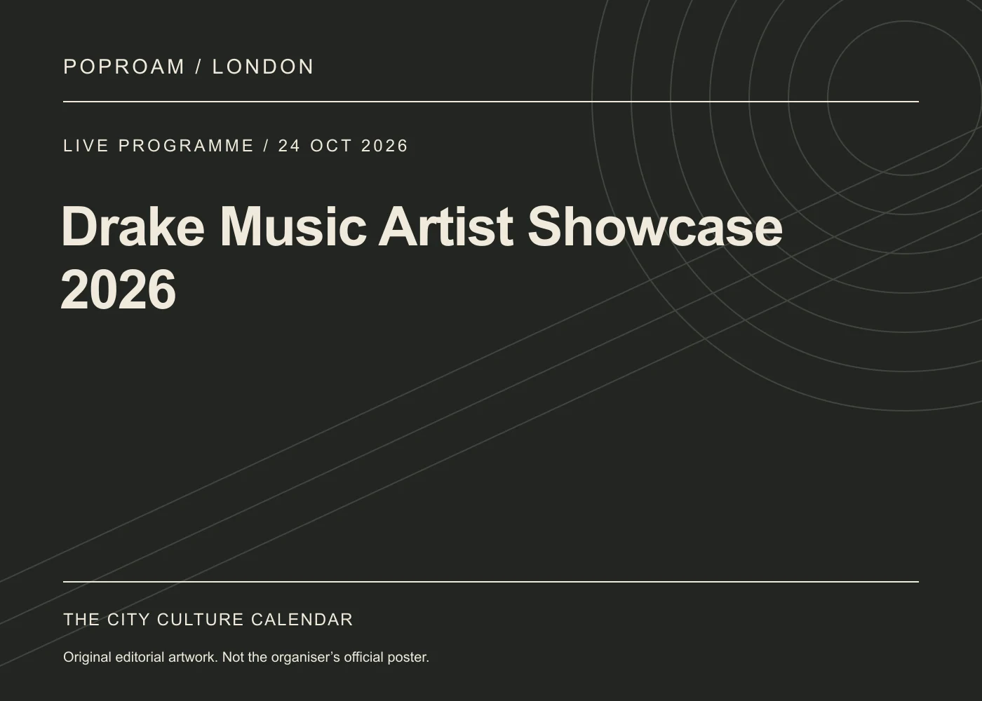 Original editorial programme artwork for Drake Music Artist Showcase 2026. This is not the organiser’s official poster.
