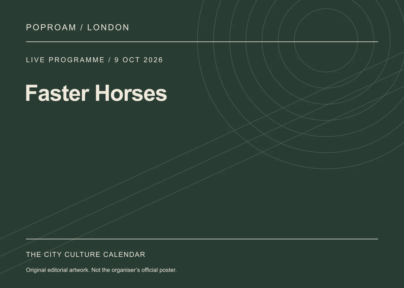 Original editorial programme artwork for Faster Horses. This is not the organiser’s official poster.