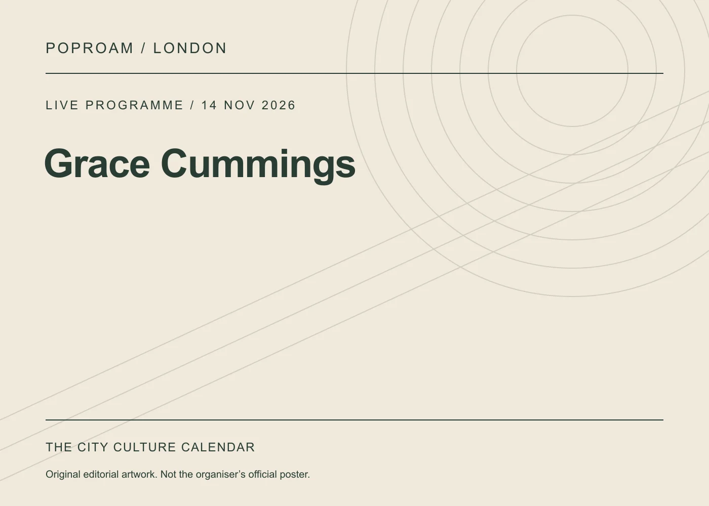 Original editorial programme artwork for Grace Cummings. This is not the organiser’s official poster.