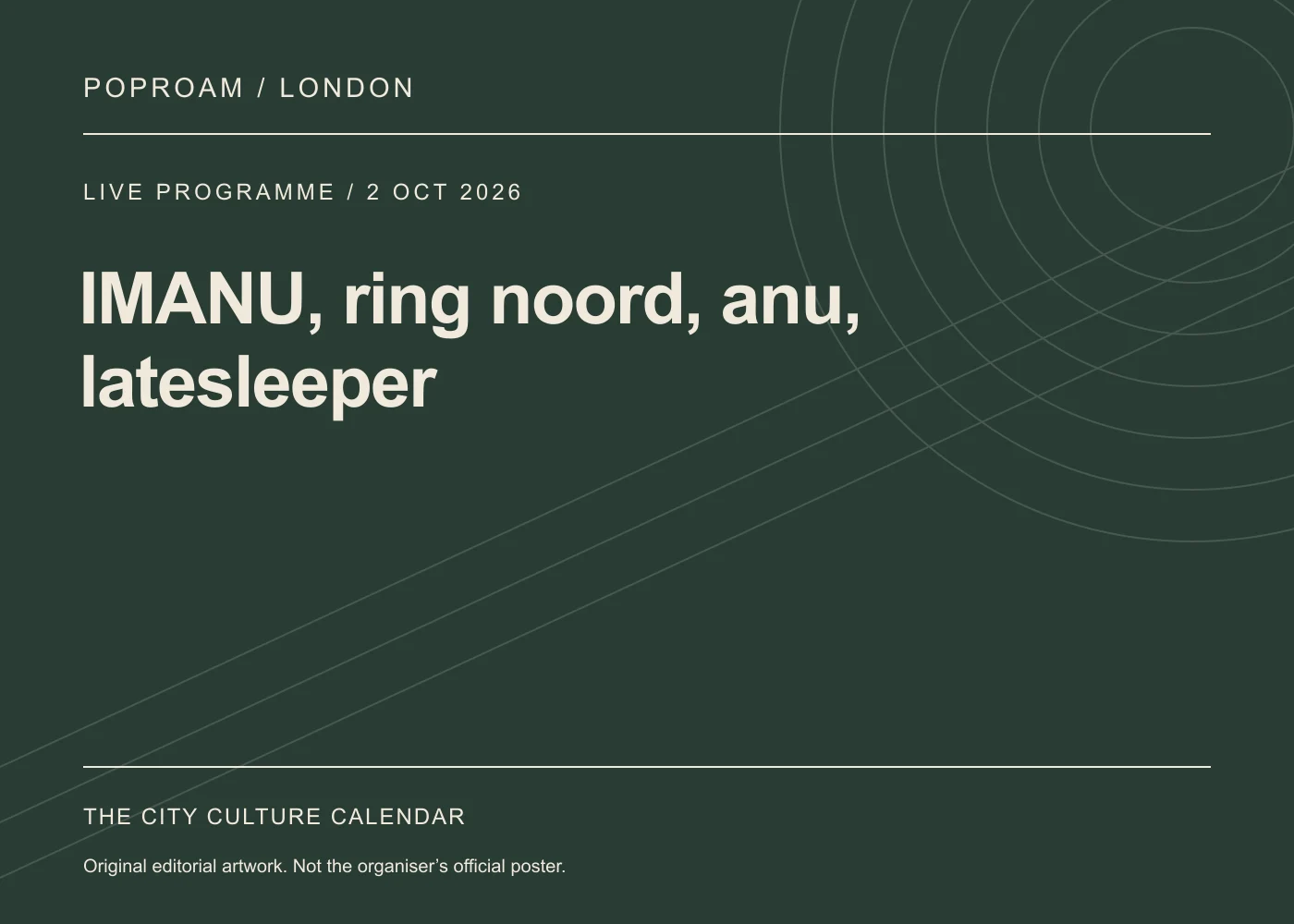 Original editorial programme artwork for IMANU, ring noord, anu, latesleeper. This is not the organiser’s official poster.