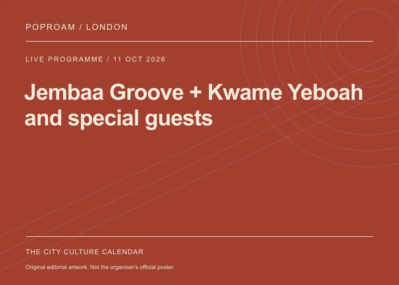 Original editorial programme artwork for Jembaa Groove + Kwame Yeboah and special guests. This is not the organiser’s official poster.