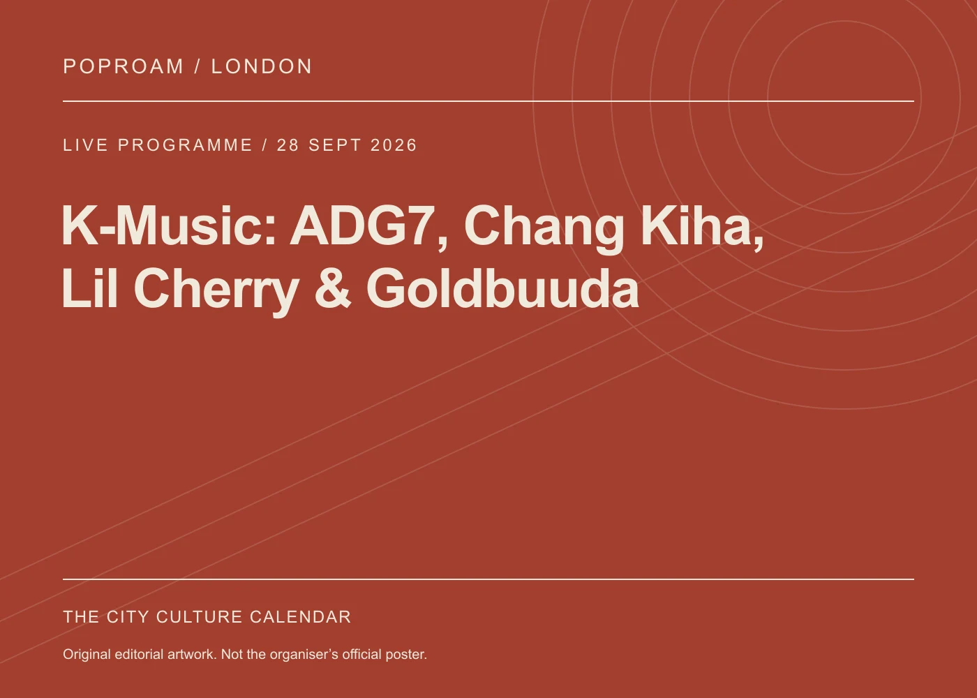 Original editorial programme artwork for K-Music: ADG7, Chang Kiha, Lil Cherry & Goldbuuda. This is not the organiser’s official poster.