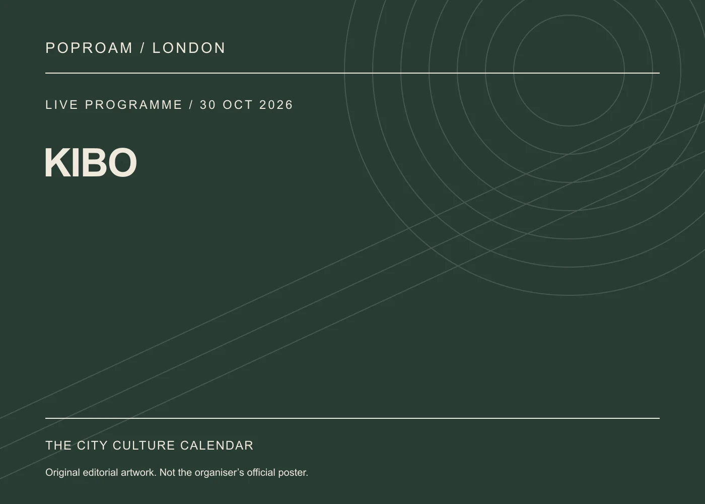 Original editorial programme artwork for KIBO. This is not the organiser’s official poster.