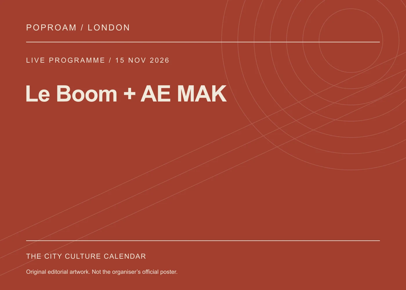 Original editorial programme artwork for Le Boom + AE MAK. This is not the organiser’s official poster.