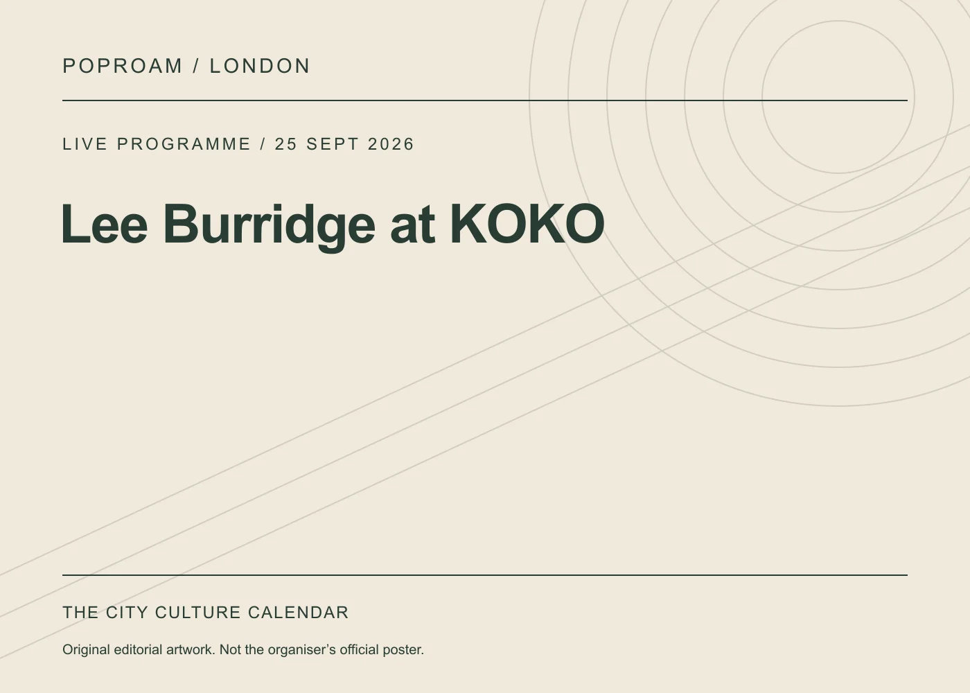Original editorial programme artwork for Lee Burridge at KOKO. This is not the organiser’s official poster.