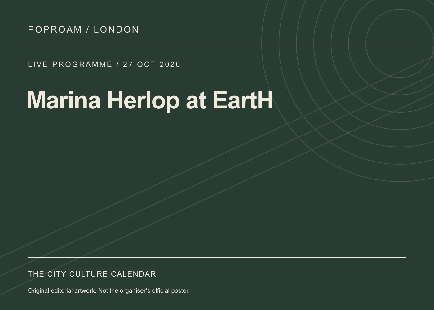 Original editorial programme artwork for Marina Herlop at EartH. This is not the organiser’s official poster.