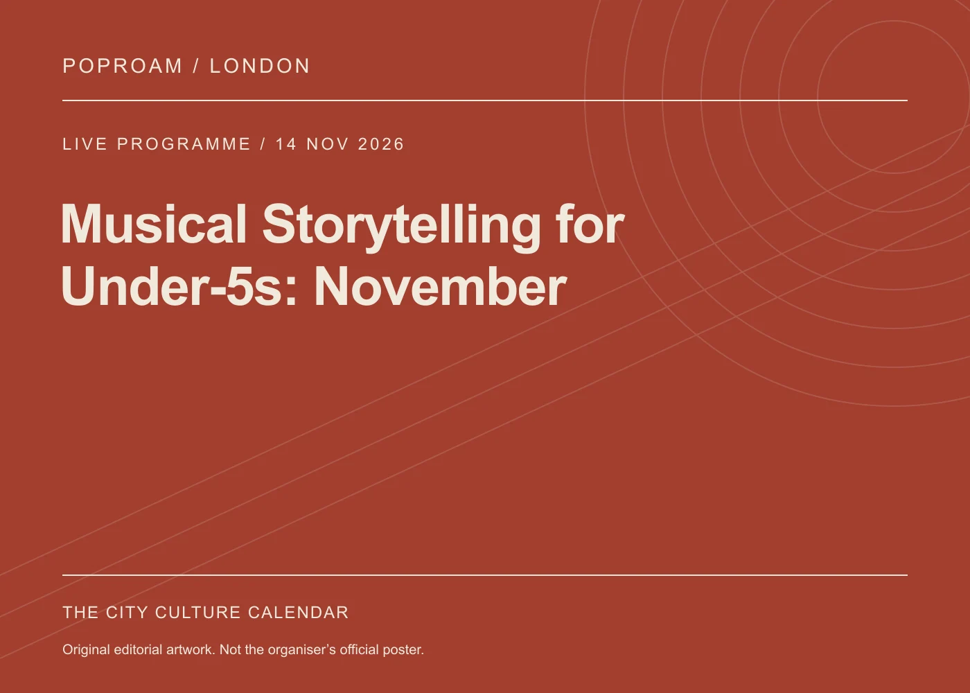 Original editorial programme artwork for Musical Storytelling for Under-5s: November. This is not the organiser’s official poster.