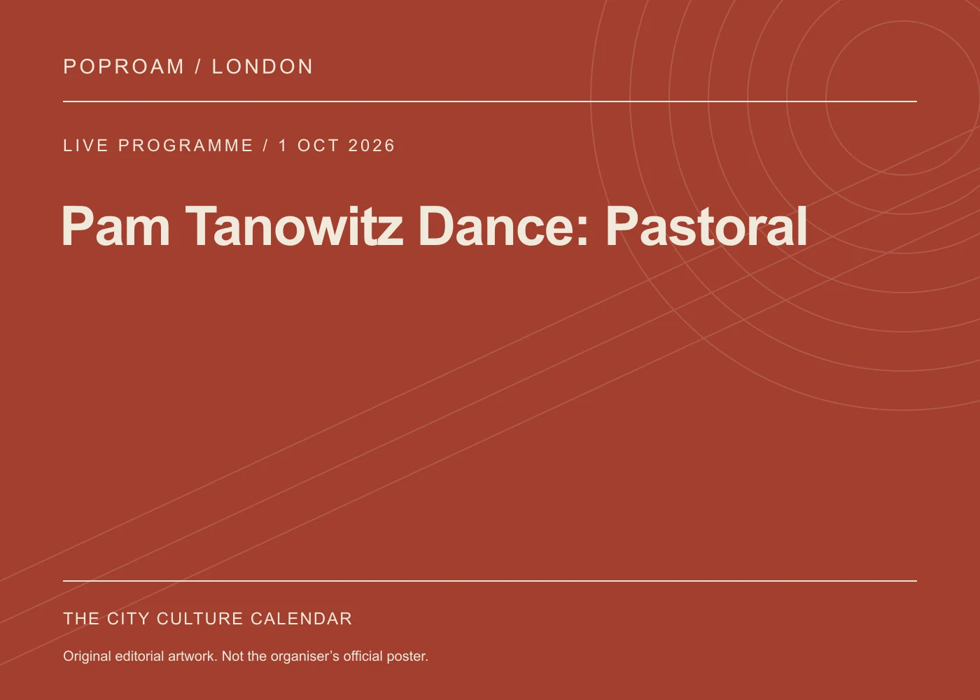 Original editorial programme artwork for Pam Tanowitz Dance: Pastoral. This is not the organiser’s official poster.
