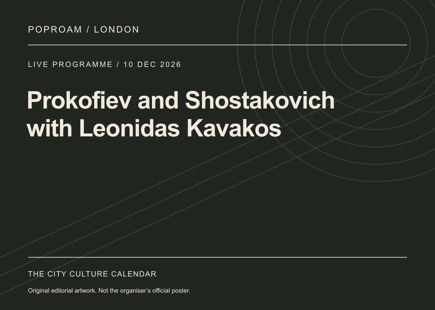 Original editorial programme artwork for Prokofiev and Shostakovich with Leonidas Kavakos. This is not the organiser’s official poster.