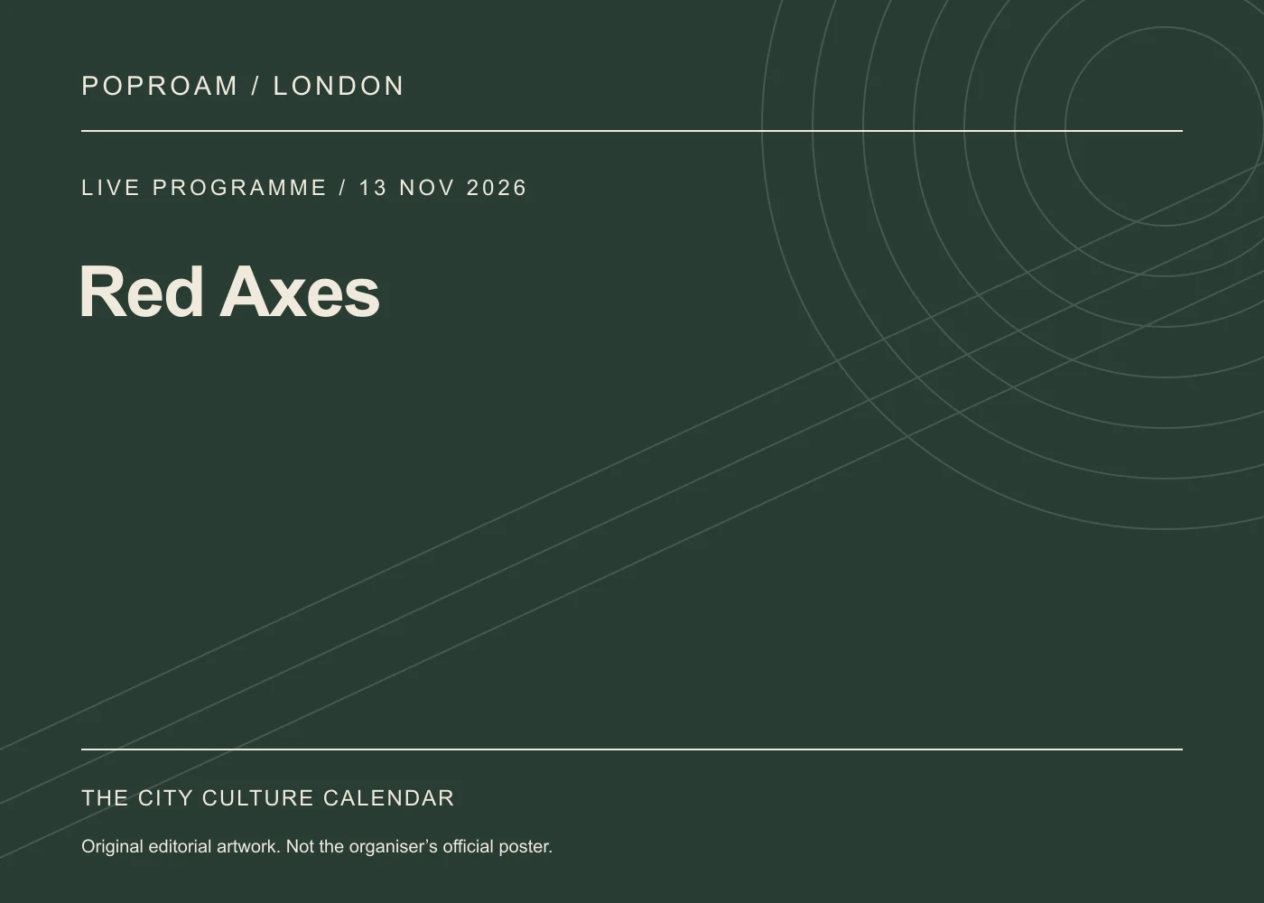 Original editorial programme artwork for Red Axes. This is not the organiser’s official poster.