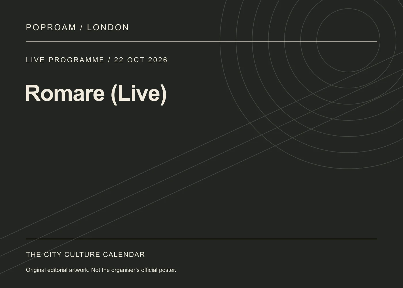 Original editorial programme artwork for Romare (Live). This is not the organiser’s official poster.