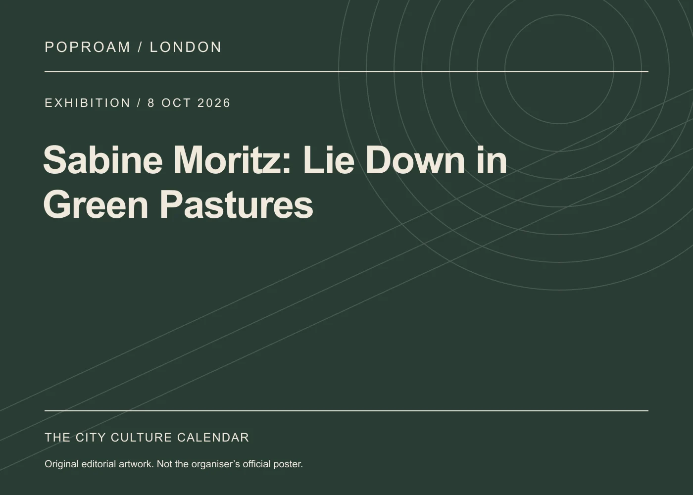 Original editorial programme artwork for Sabine Moritz: Lie Down in Green Pastures. This is not the organiser’s official poster.