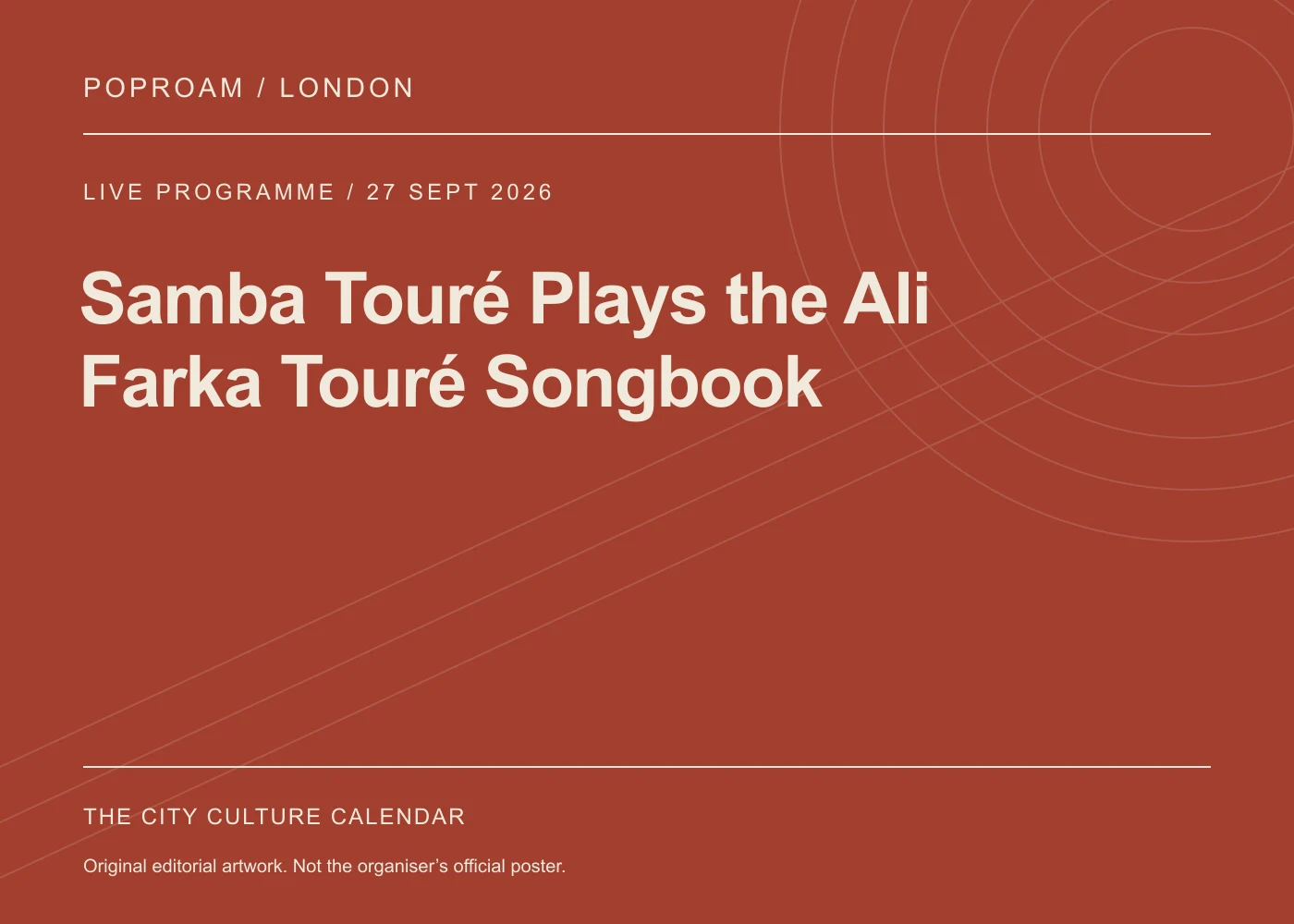 Original editorial programme artwork for Samba Touré Plays the Ali Farka Touré Songbook. This is not the organiser’s official poster.