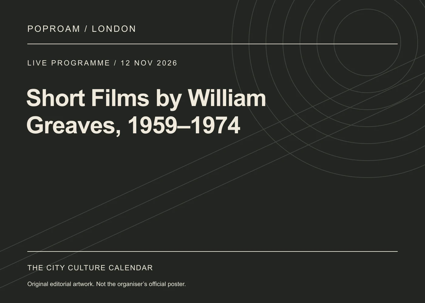 Original editorial programme artwork for Short Films by William Greaves, 1959–1974. This is not the organiser’s official poster.