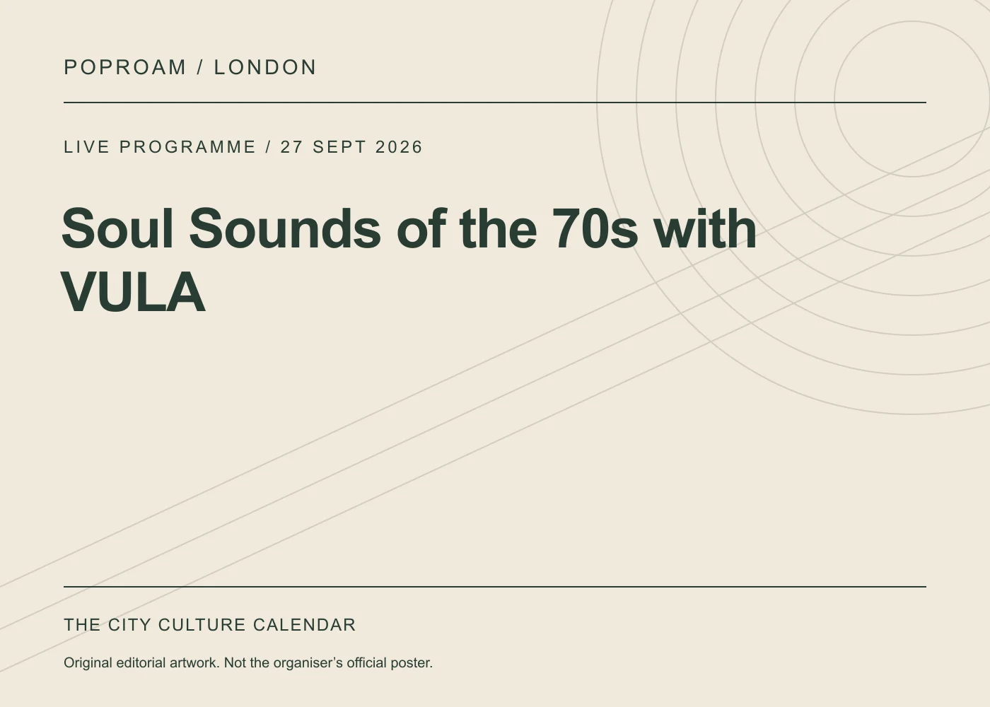 Original editorial programme artwork for Soul Sounds of the 70s with VULA. This is not the organiser’s official poster.