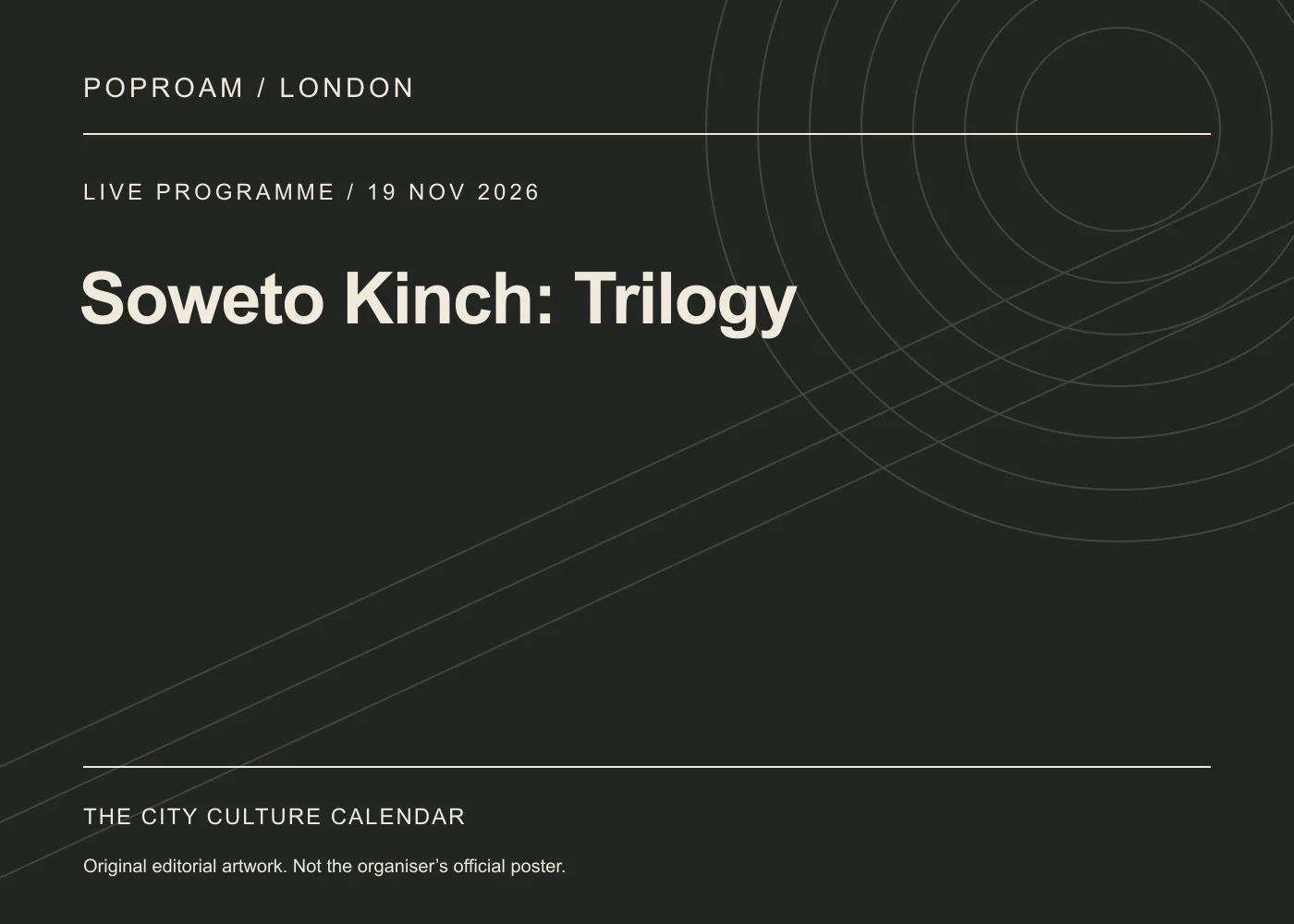 Original editorial programme artwork for Soweto Kinch: Trilogy. This is not the organiser’s official poster.