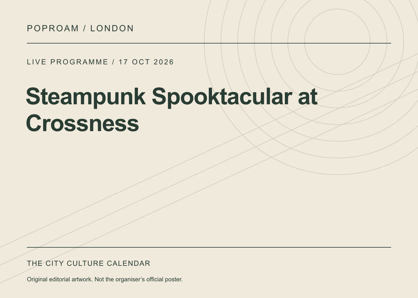 Original editorial programme artwork for Steampunk Spooktacular at Crossness. This is not the organiser’s official poster.