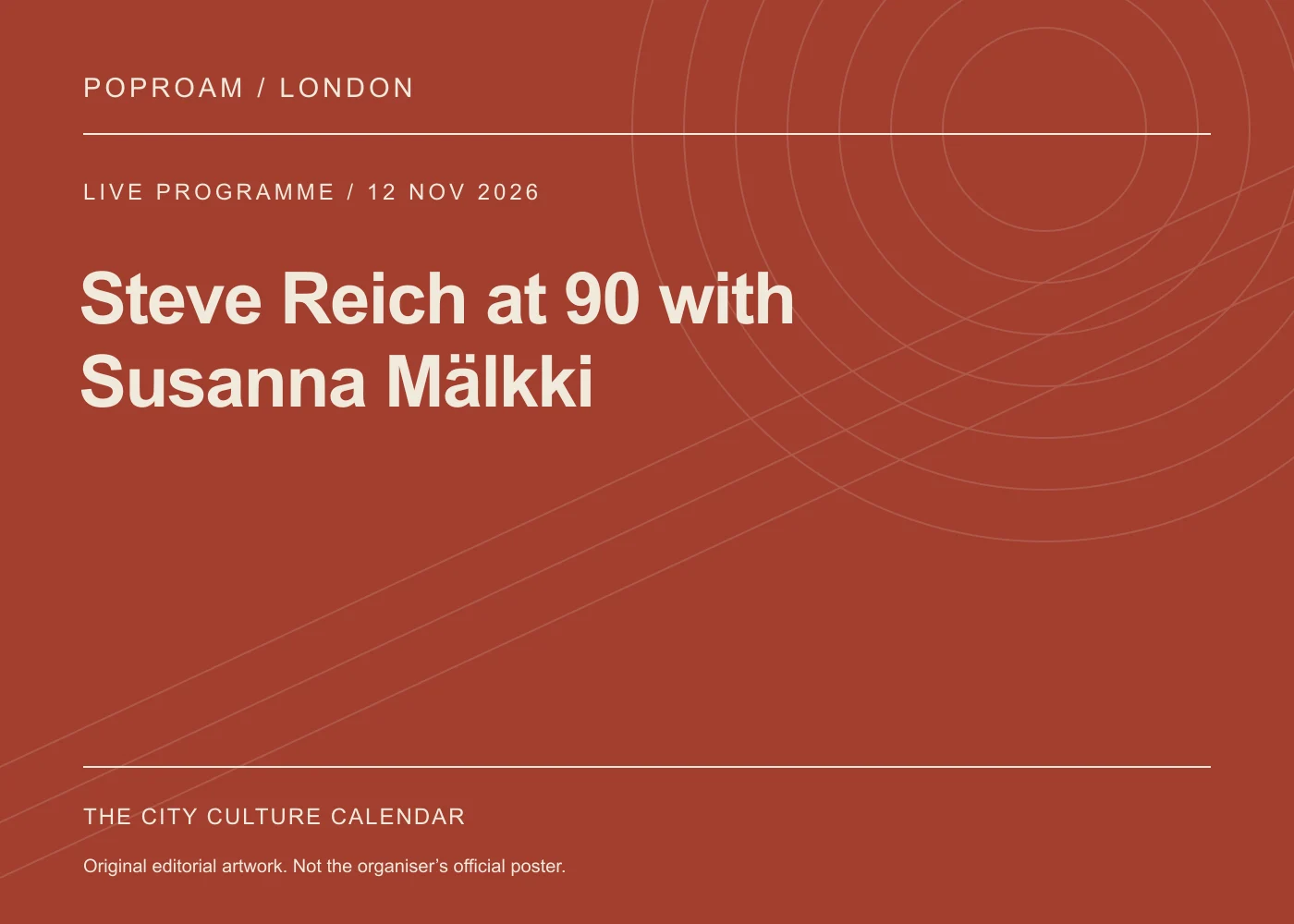 Original editorial programme artwork for Steve Reich at 90 with Susanna Mälkki. This is not the organiser’s official poster.