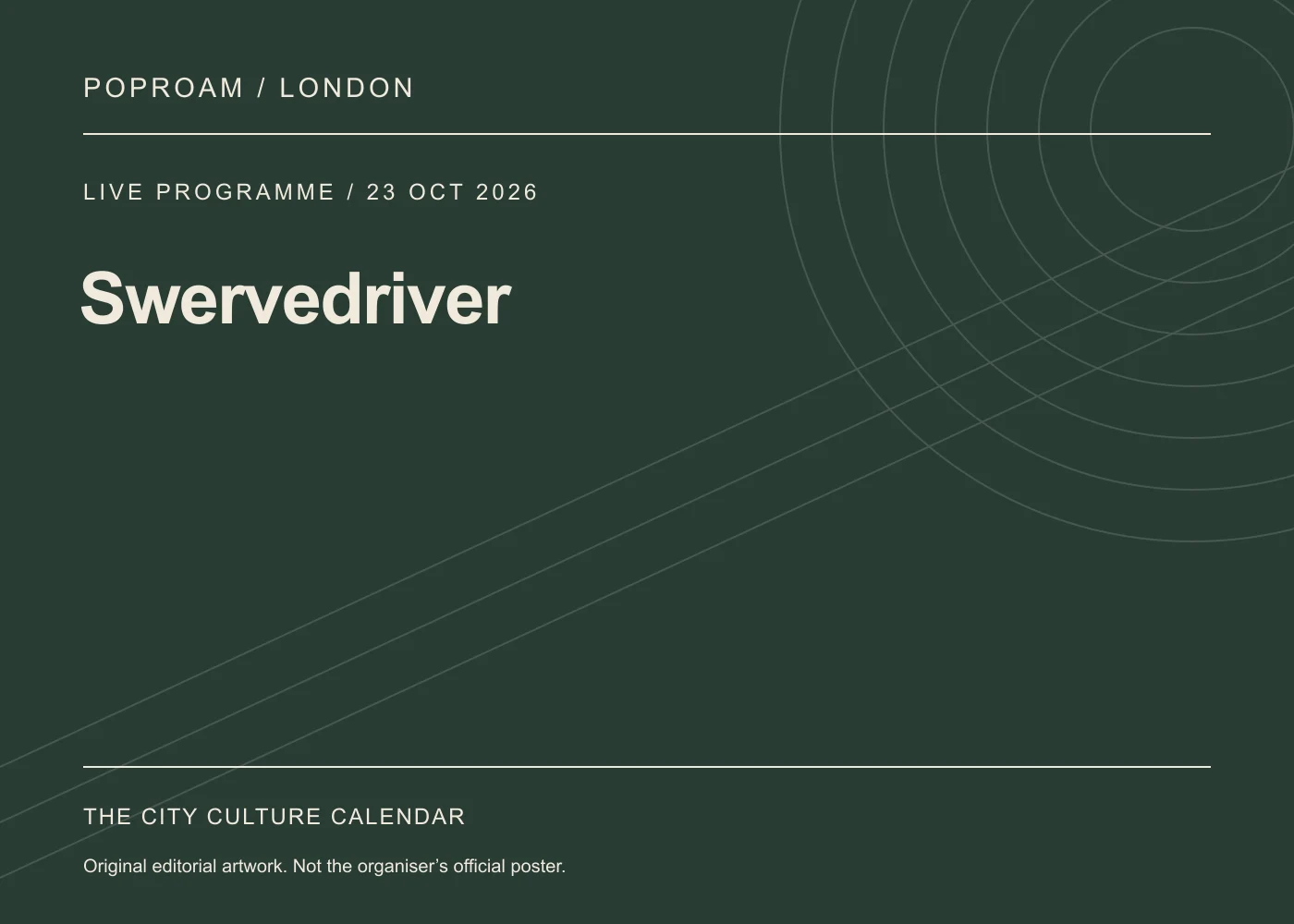 Original editorial programme artwork for Swervedriver. This is not the organiser’s official poster.