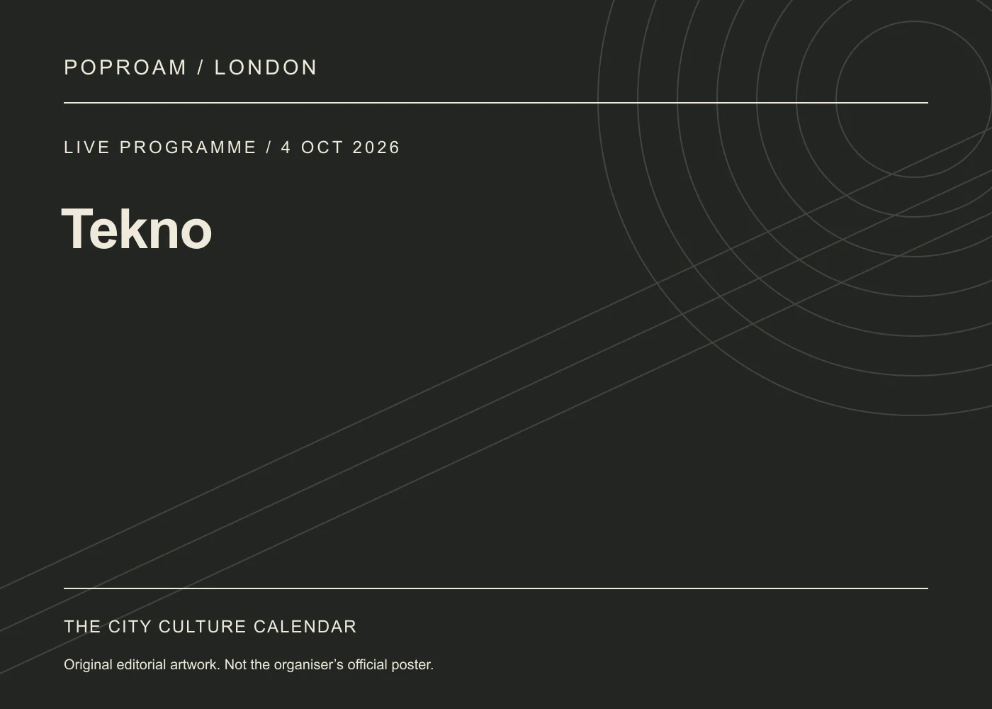 Original editorial programme artwork for Tekno. This is not the organiser’s official poster.