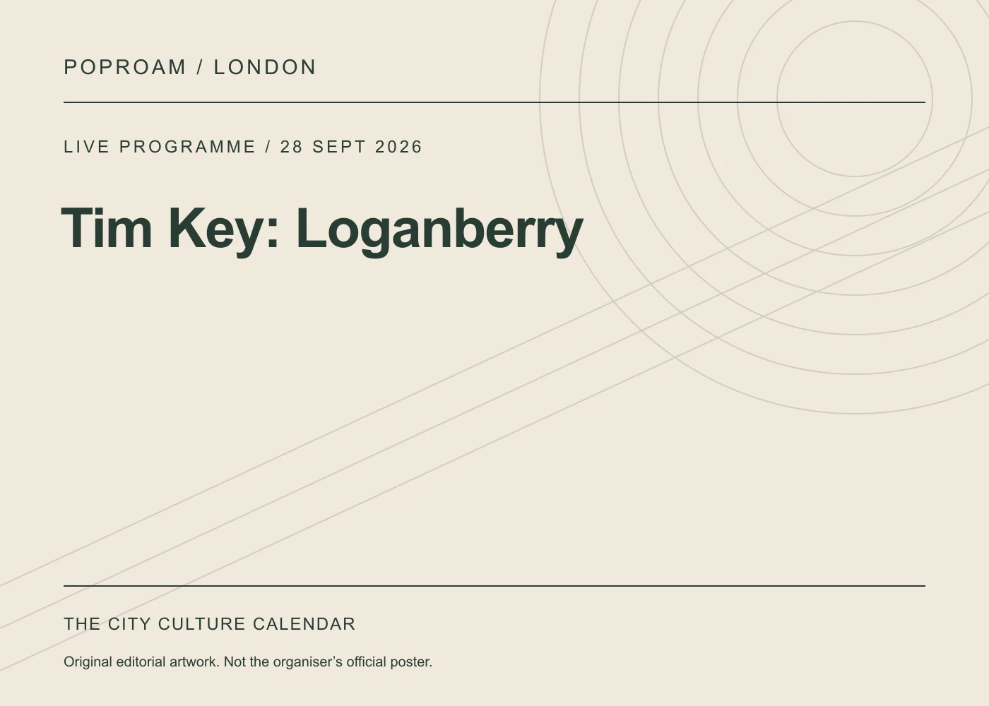Original editorial programme artwork for Tim Key: Loganberry. This is not the organiser’s official poster.