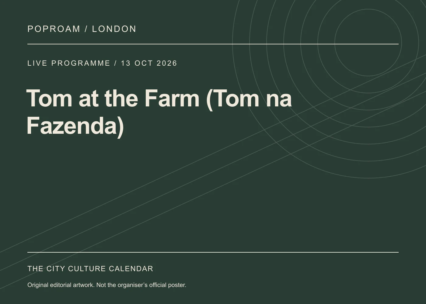 Original editorial programme artwork for Tom at the Farm (Tom na Fazenda). This is not the organiser’s official poster.