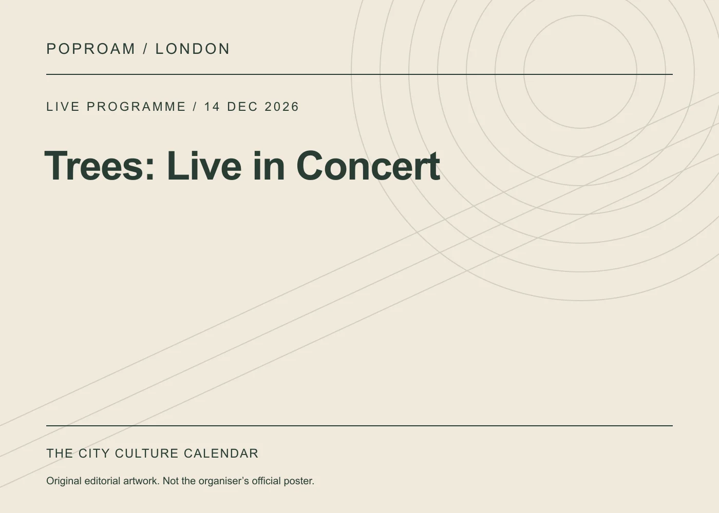Original editorial programme artwork for Trees: Live in Concert. This is not the organiser’s official poster.