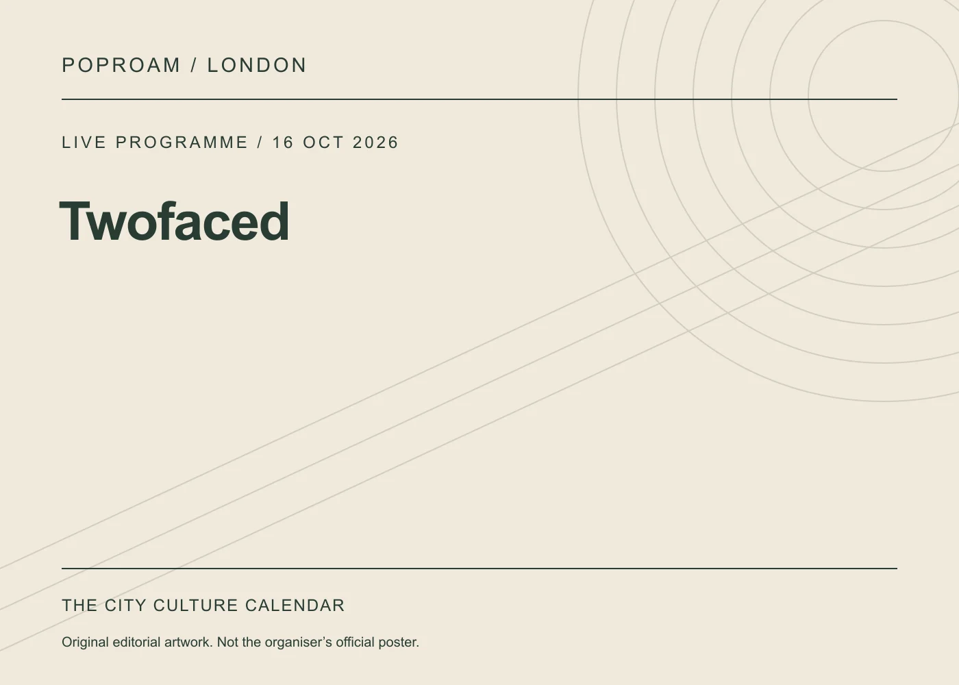 Original editorial programme artwork for Twofaced. This is not the organiser’s official poster.