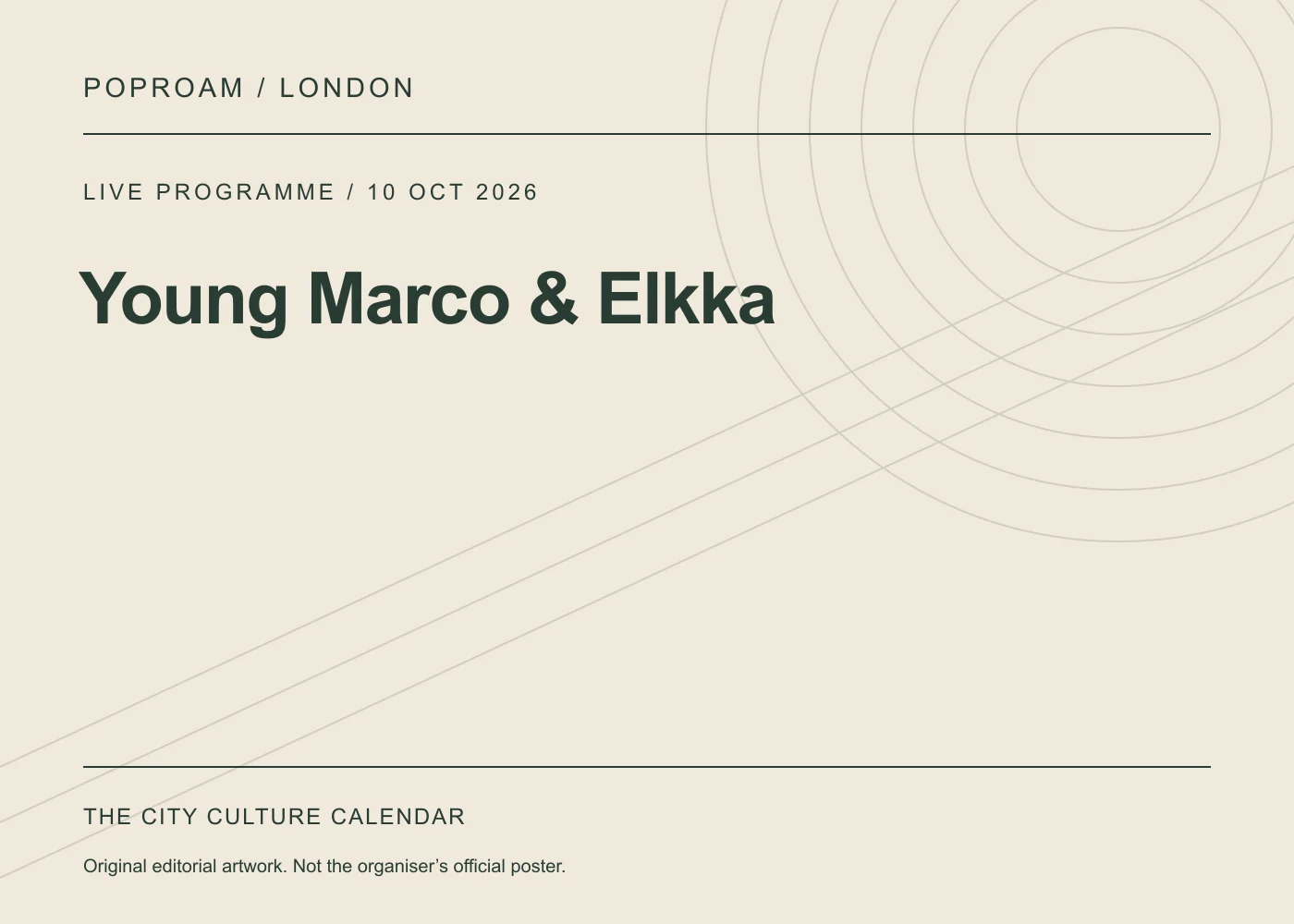 Original editorial programme artwork for Young Marco & Elkka. This is not the organiser’s official poster.