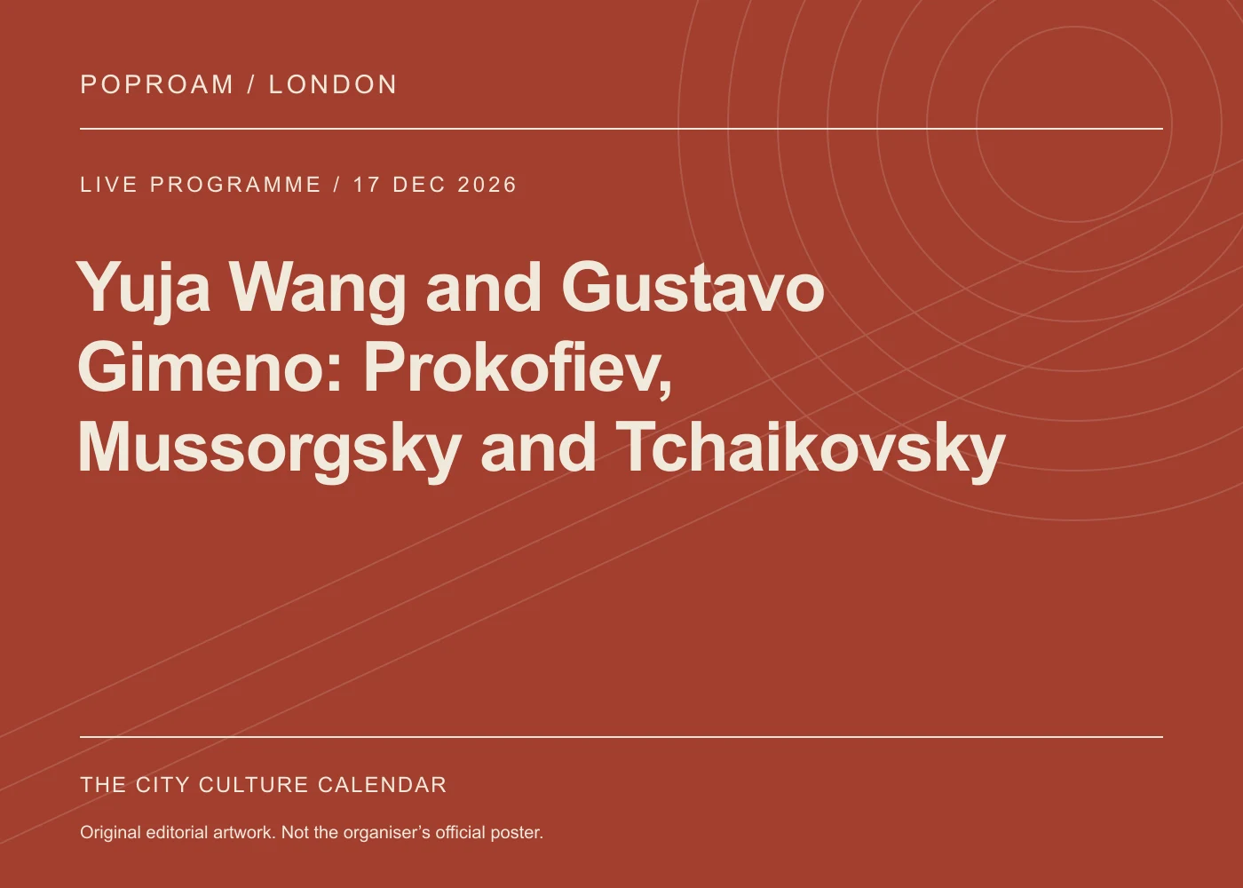 Original editorial programme artwork for Yuja Wang and Gustavo Gimeno: Prokofiev, Mussorgsky and Tchaikovsky. This is not the organiser’s official poster.