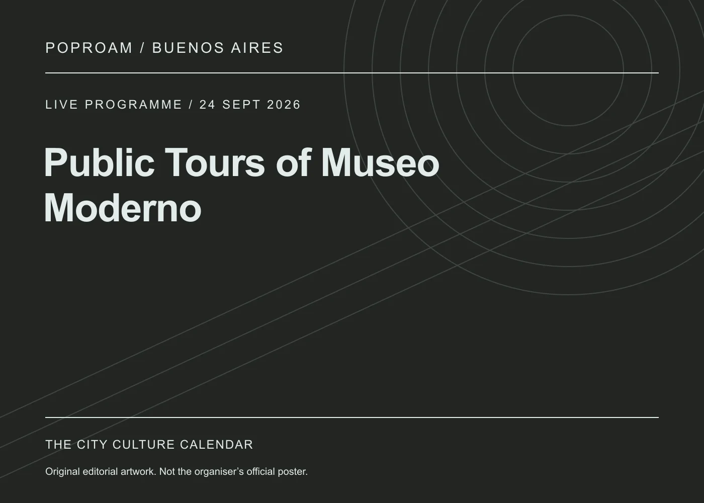 Original editorial programme artwork for Public Tours of Museo Moderno. This is not the organiser’s official poster.
