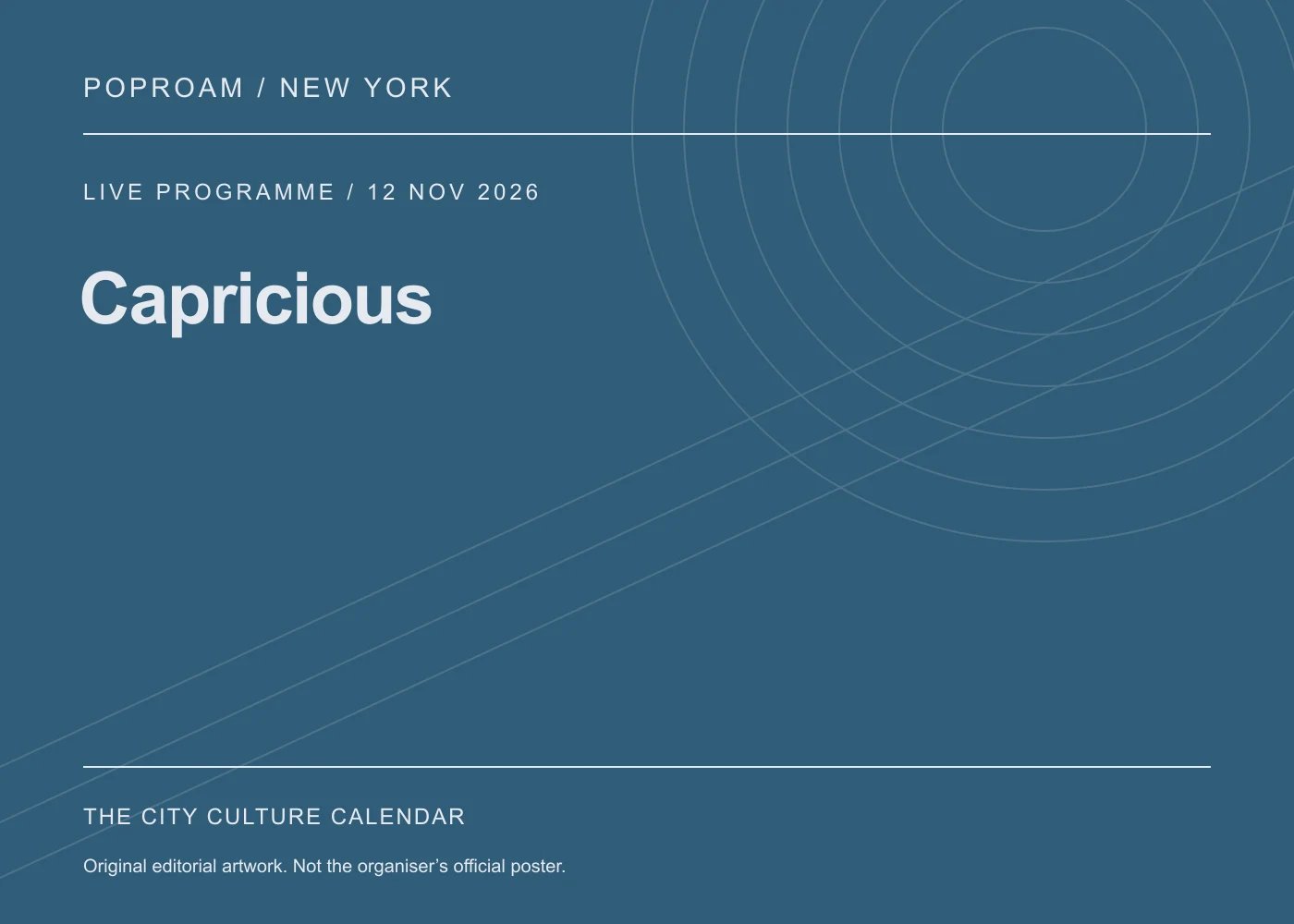 Original editorial programme artwork for Capricious. This is not the organiser’s official poster.