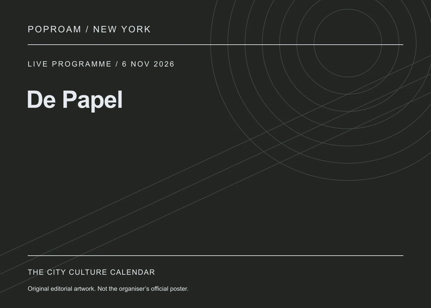 Original editorial programme artwork for De Papel. This is not the organiser’s official poster.