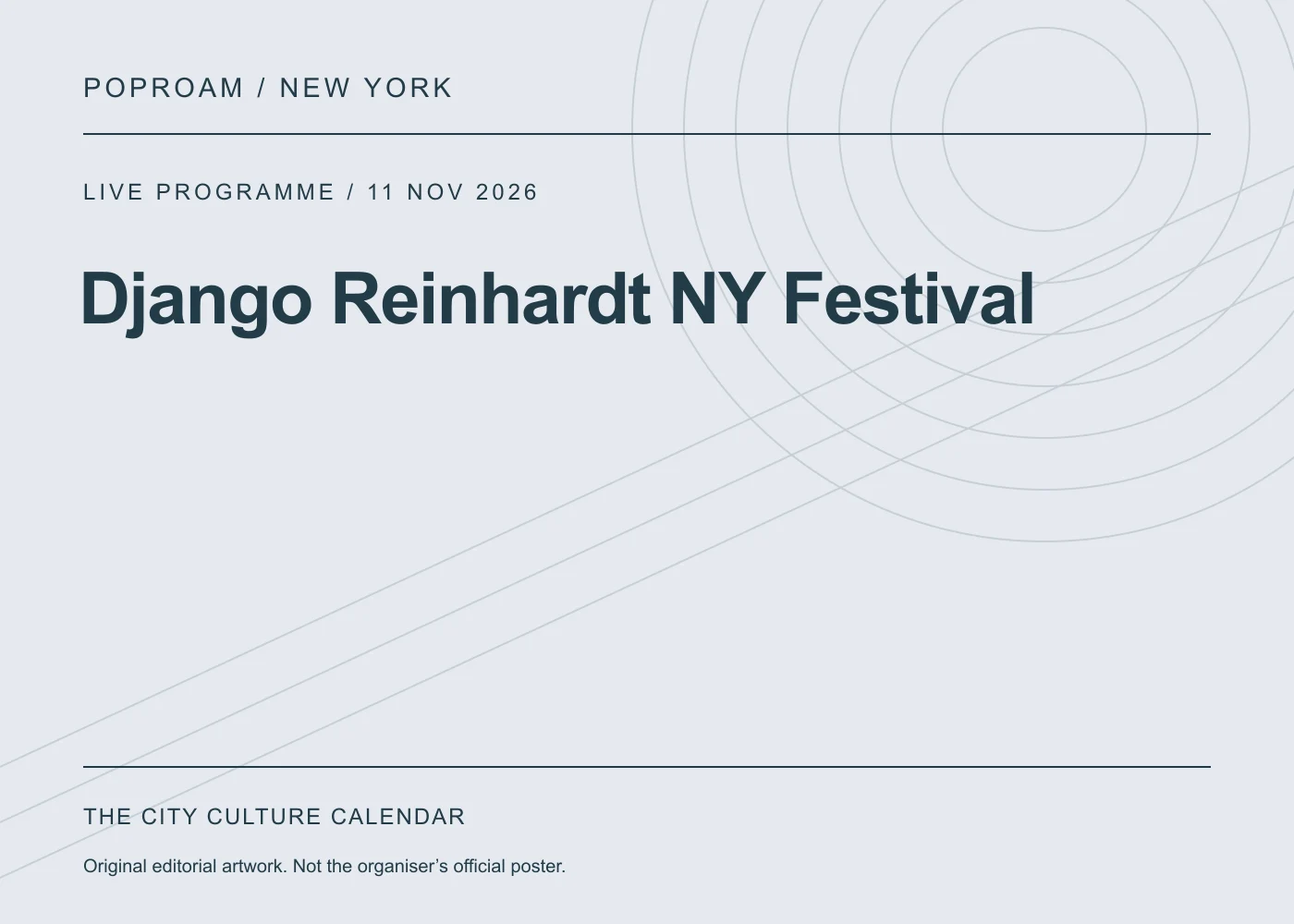 Original editorial programme artwork for Django Reinhardt NY Festival. This is not the organiser’s official poster.