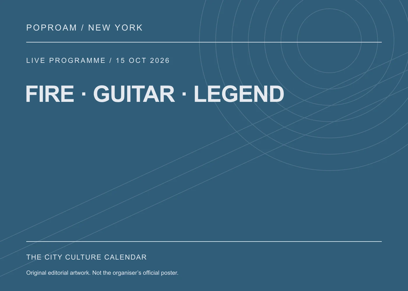Original editorial programme artwork for FIRE · GUITAR · LEGEND. This is not the organiser’s official poster.