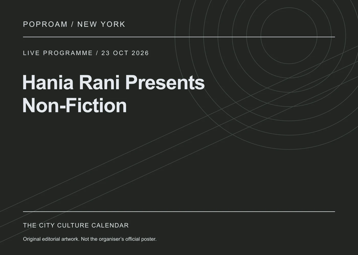 Original editorial programme artwork for Hania Rani Presents Non-Fiction. This is not the organiser’s official poster.