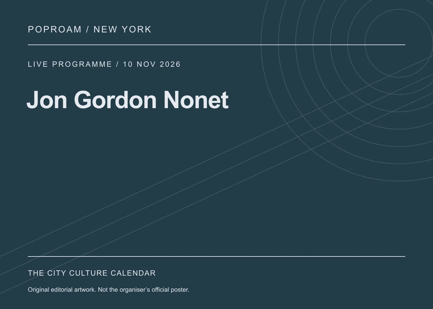 Original editorial programme artwork for Jon Gordon Nonet. This is not the organiser’s official poster.