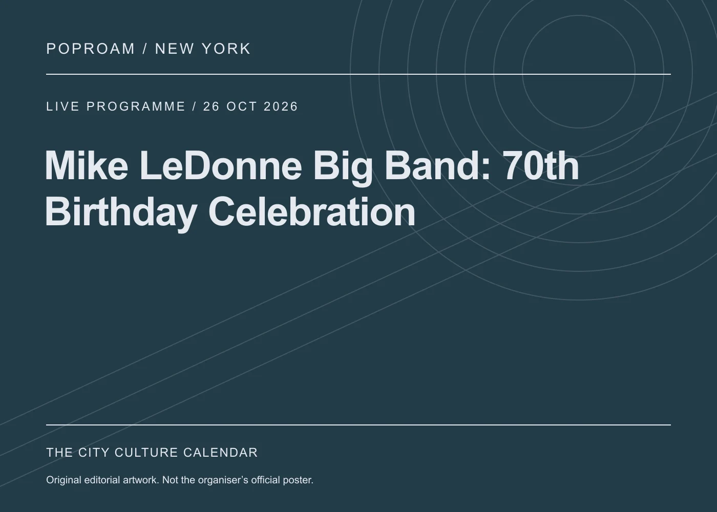 Original editorial programme artwork for Mike LeDonne Big Band: 70th Birthday Celebration. This is not the organiser’s official poster.