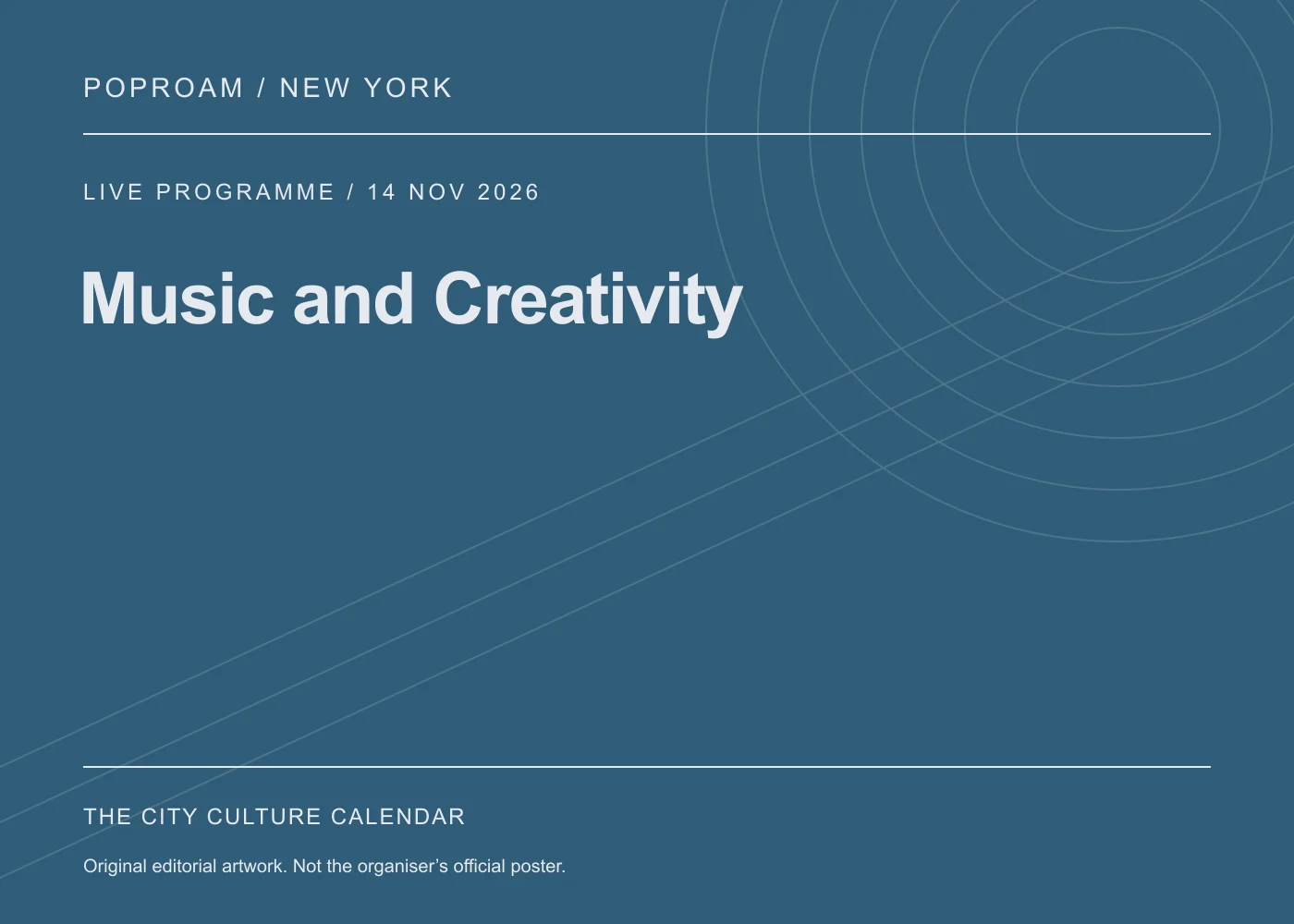 Original editorial programme artwork for Music and Creativity. This is not the organiser’s official poster.