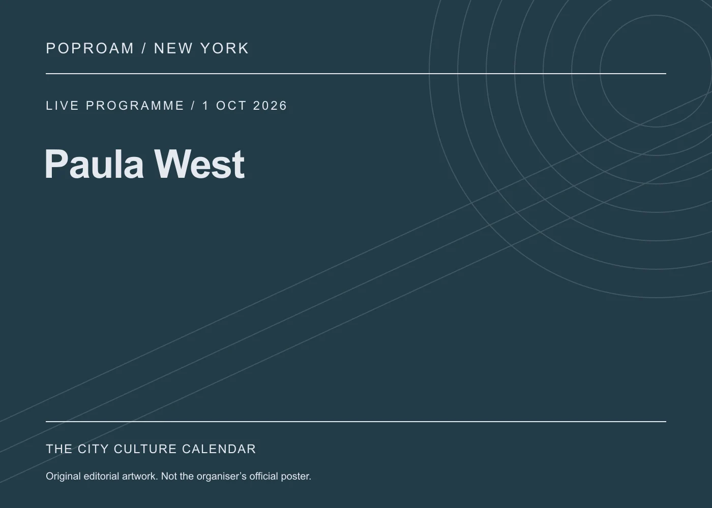 Original editorial programme artwork for Paula West. This is not the organiser’s official poster.