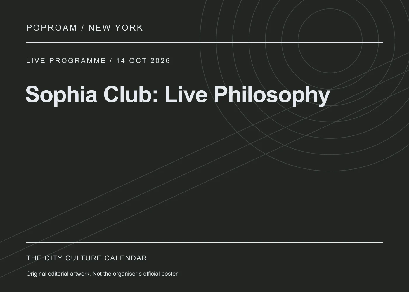 Original editorial programme artwork for Sophia Club: Live Philosophy. This is not the organiser’s official poster.