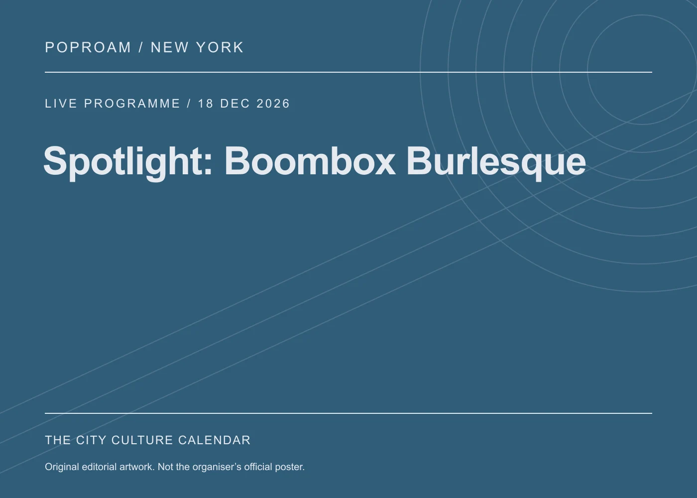 Original editorial programme artwork for Spotlight: Boombox Burlesque. This is not the organiser’s official poster.