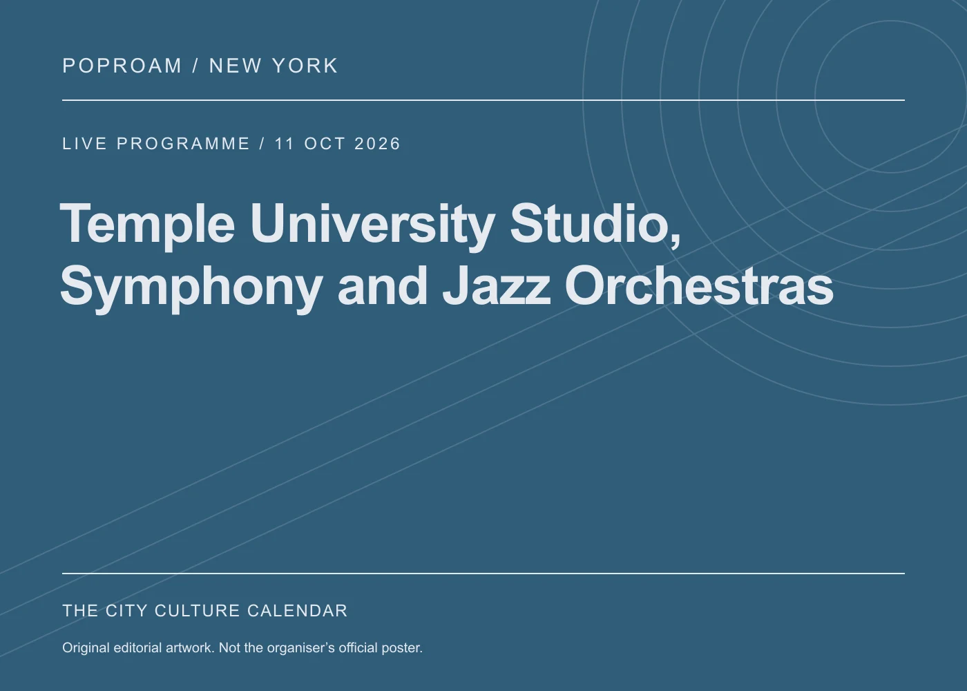 Original editorial programme artwork for Temple University Studio, Symphony and Jazz Orchestras. This is not the organiser’s official poster.