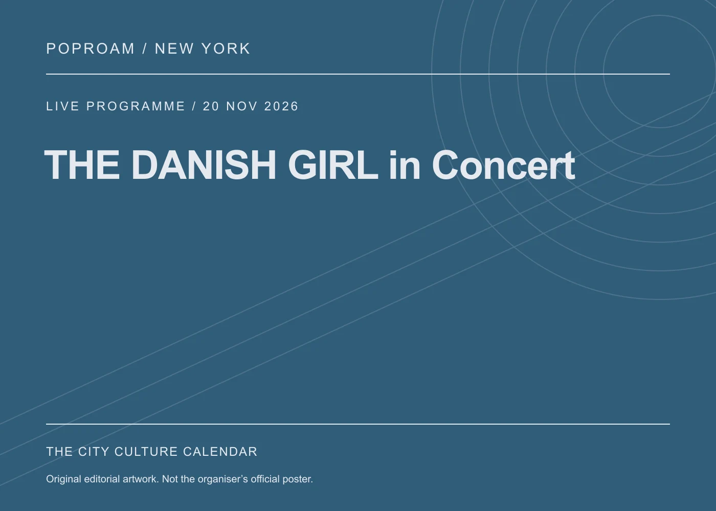 Original editorial programme artwork for THE DANISH GIRL in Concert. This is not the organiser’s official poster.