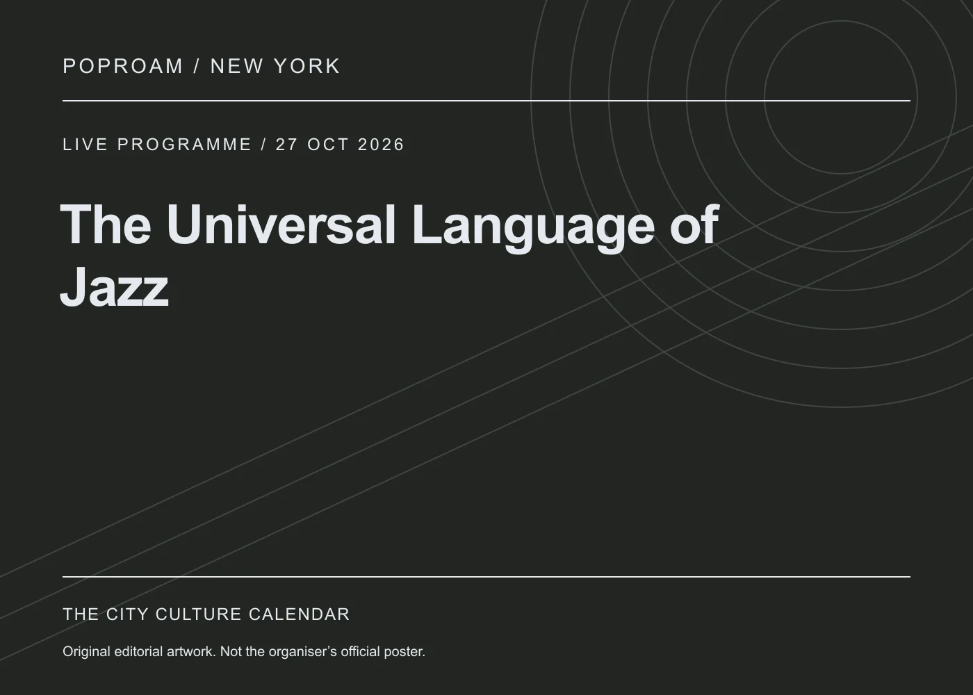 Original editorial programme artwork for The Universal Language of Jazz. This is not the organiser’s official poster.