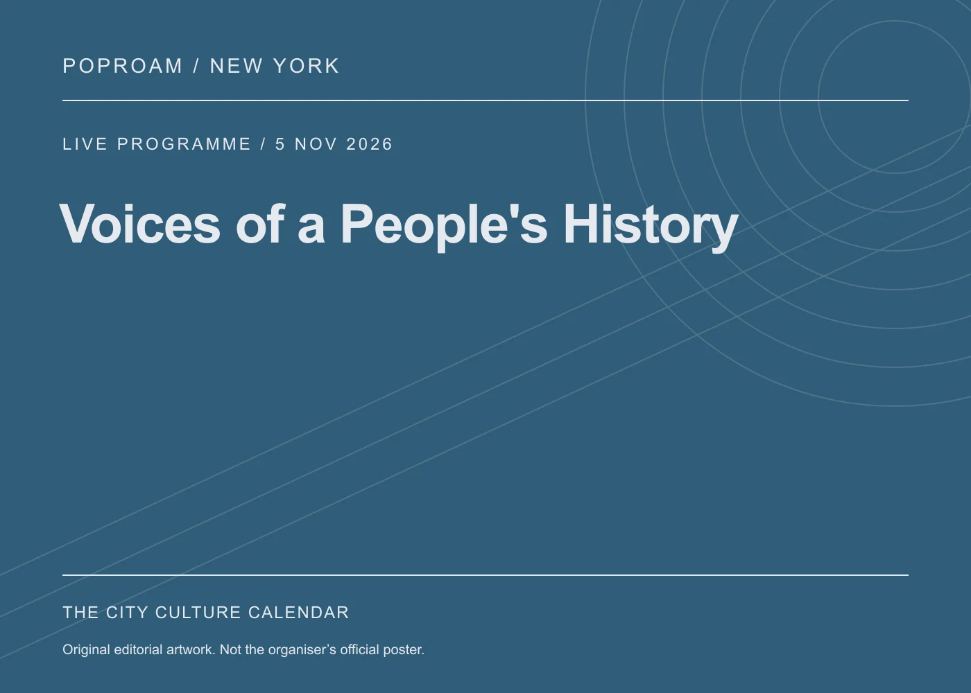 Original editorial programme artwork for Voices of a People's History. This is not the organiser’s official poster.