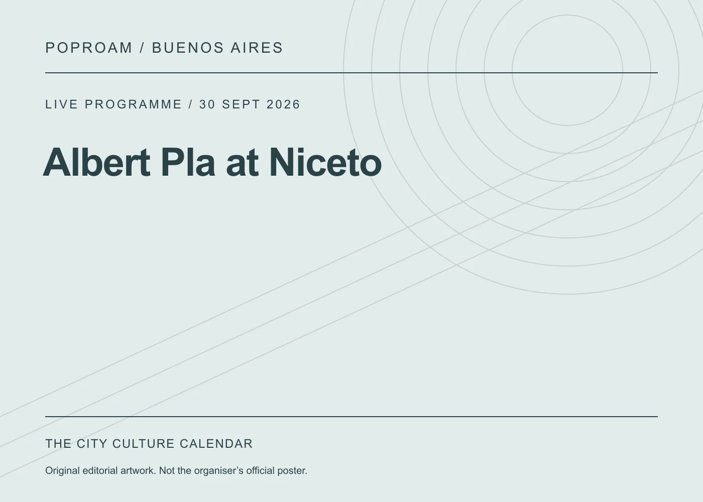 Original editorial programme artwork for Albert Pla at Niceto. This is not the organiser’s official poster.
