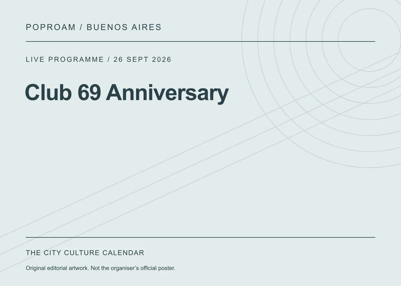 Original editorial programme artwork for Club 69 Anniversary. This is not the organiser’s official poster.