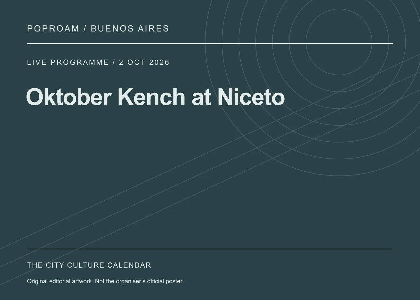 Original editorial programme artwork for Oktober Kench at Niceto. This is not the organiser’s official poster.