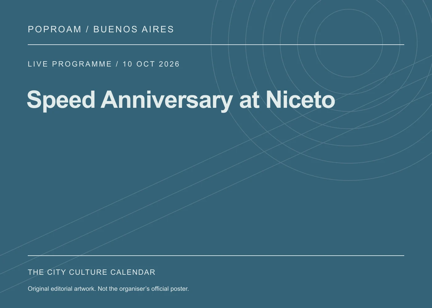 Original editorial programme artwork for Speed Anniversary at Niceto. This is not the organiser’s official poster.